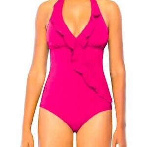 SPANX Love Your Assets Ruffle Halter Deep V One Piece Swim Size XL